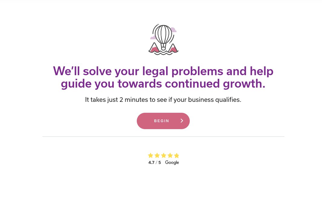 The BizCounsel intake quiz, a short qualification flow before signup