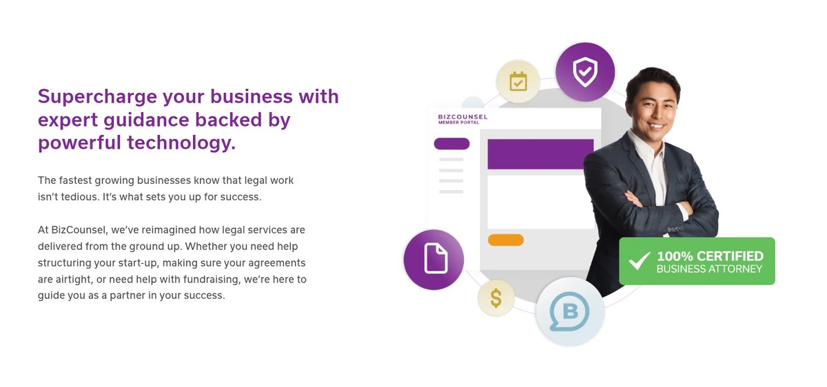 BizCounsel marketing copy paired with the member portal interface