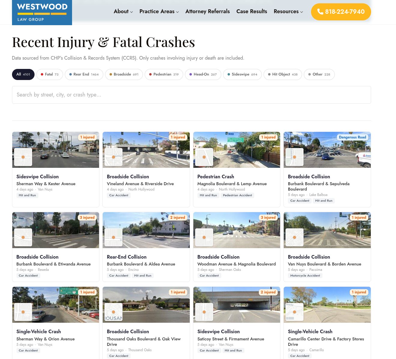 Recent injury and fatal crash reports, filterable by collision type