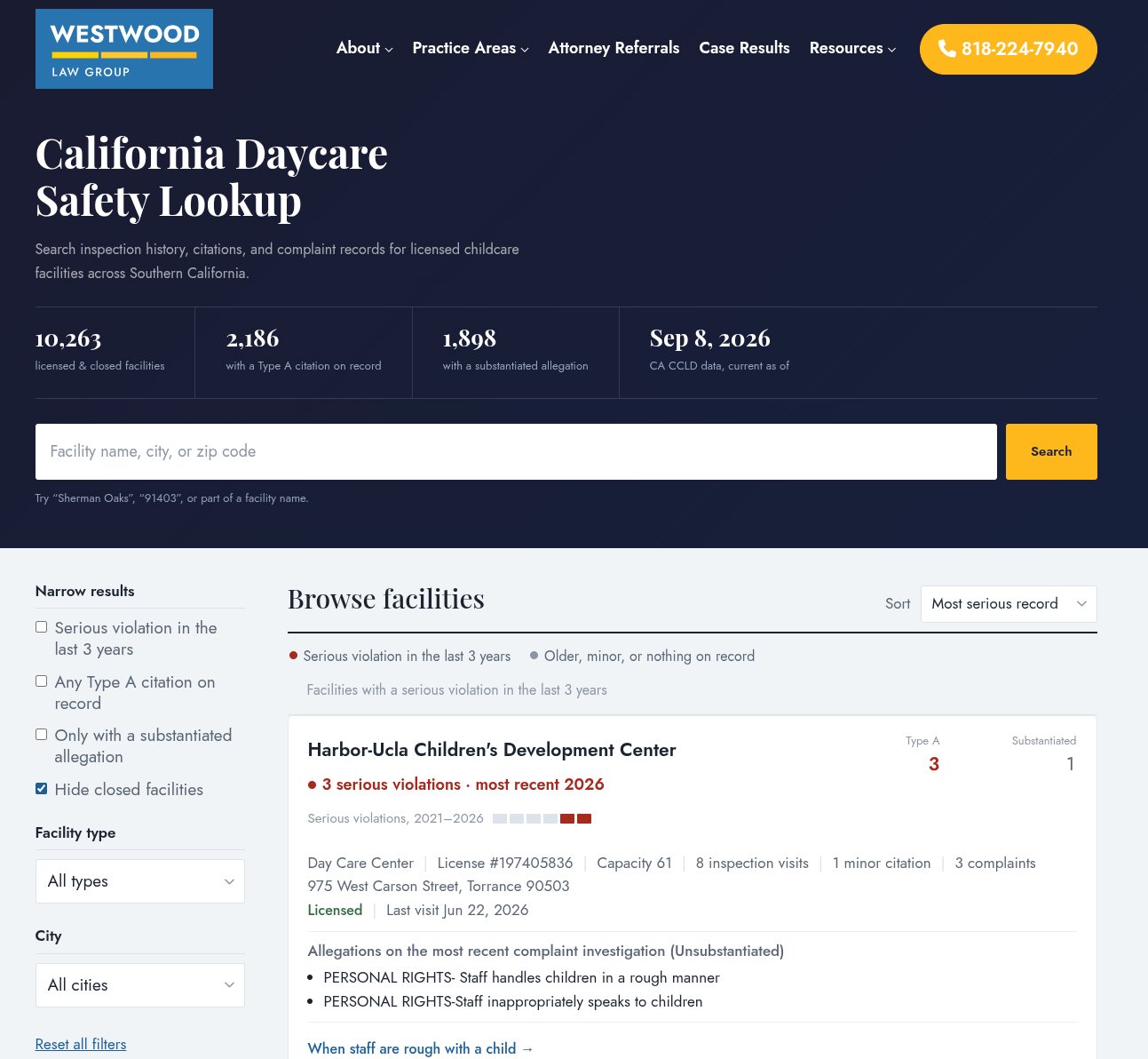 The California daycare safety lookup tool