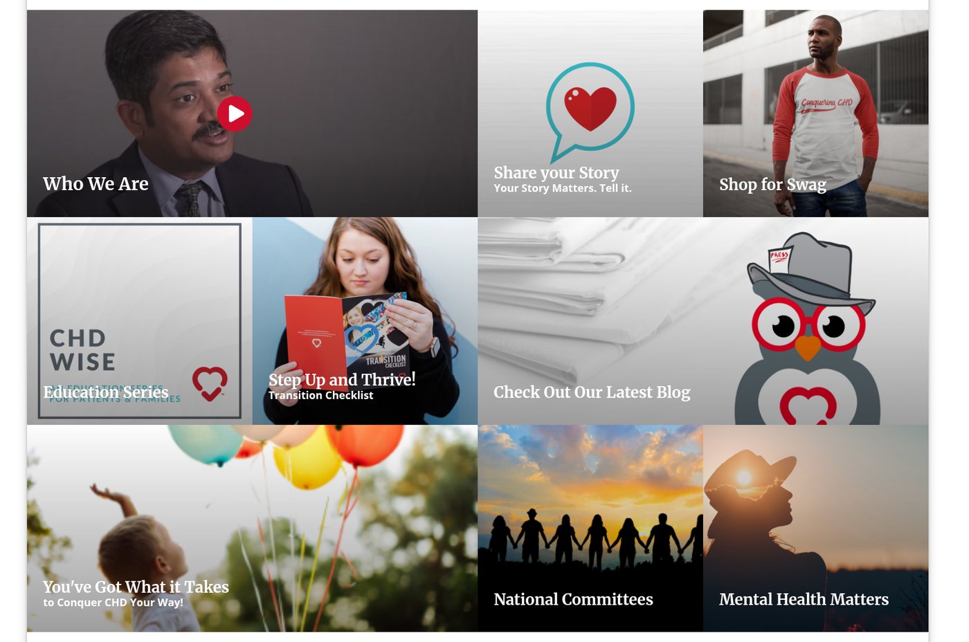 A fully editable wall of media blocks on the Conquering CHD homepage