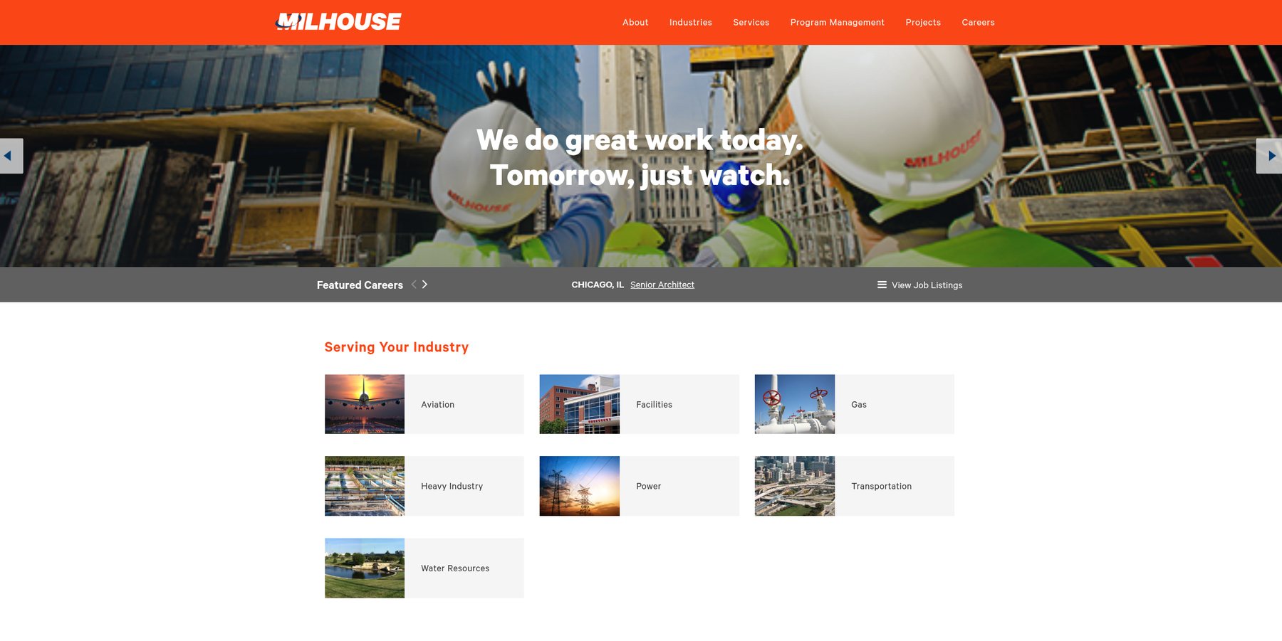 The reskinned Milhouse Engineering & Construction homepage