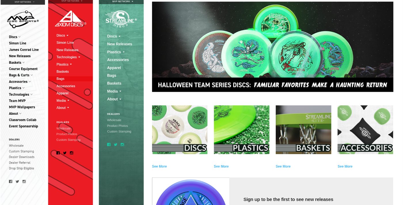 The same WordPress theme reskinned for MVP Disc Sports, Axiom Discs, and Streamline Discs