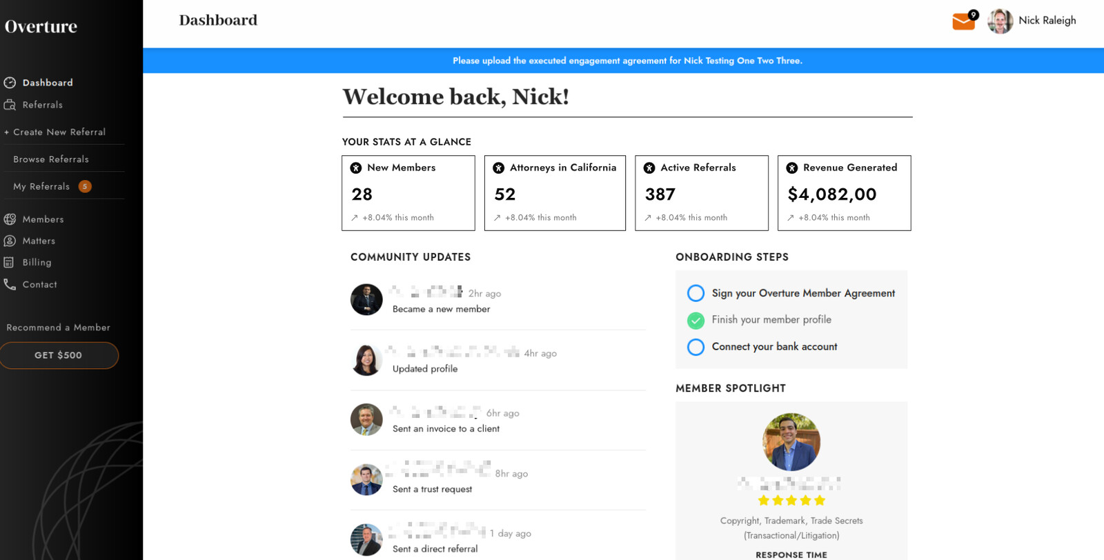 The Overture member dashboard