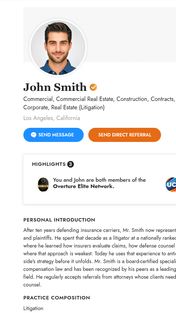 An attorney's profile page on Overture