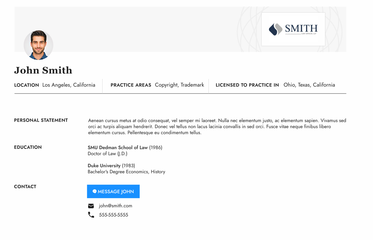 First profile design, a simple layout listing an attorney's location, practice areas, statement, education, and contact details.