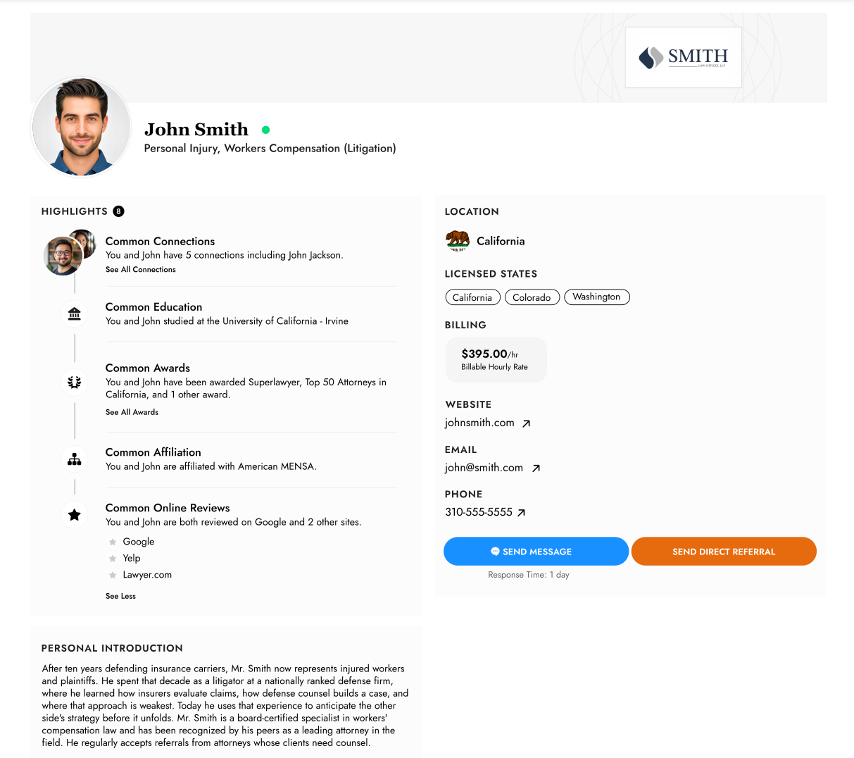 Second profile design with a vertical list of things the viewer has in common with the attorney, and a sidebar with location, rate, contact details, and action buttons.