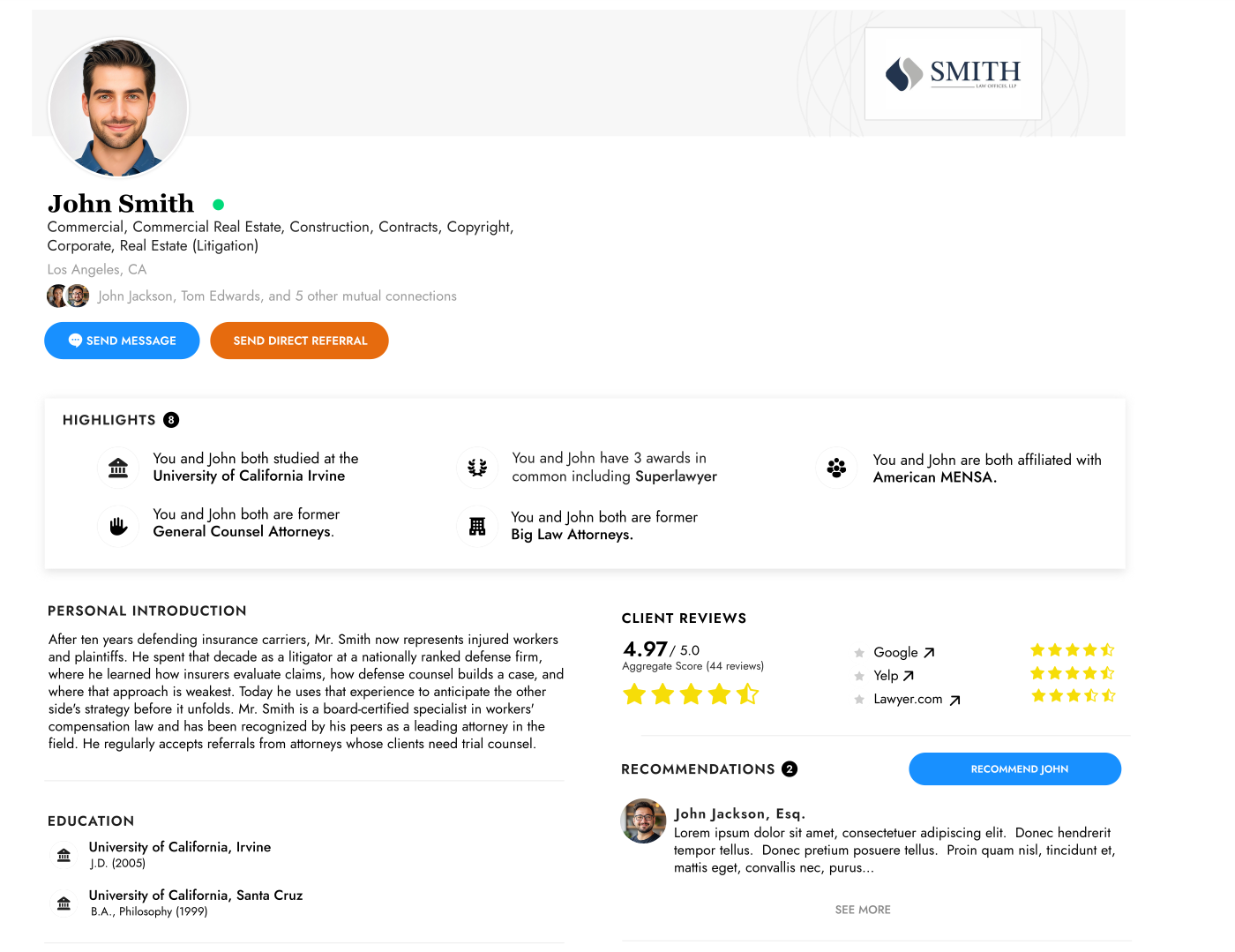Third profile design with action buttons under the attorney's name, a compact highlights card, and client reviews and recommendations.