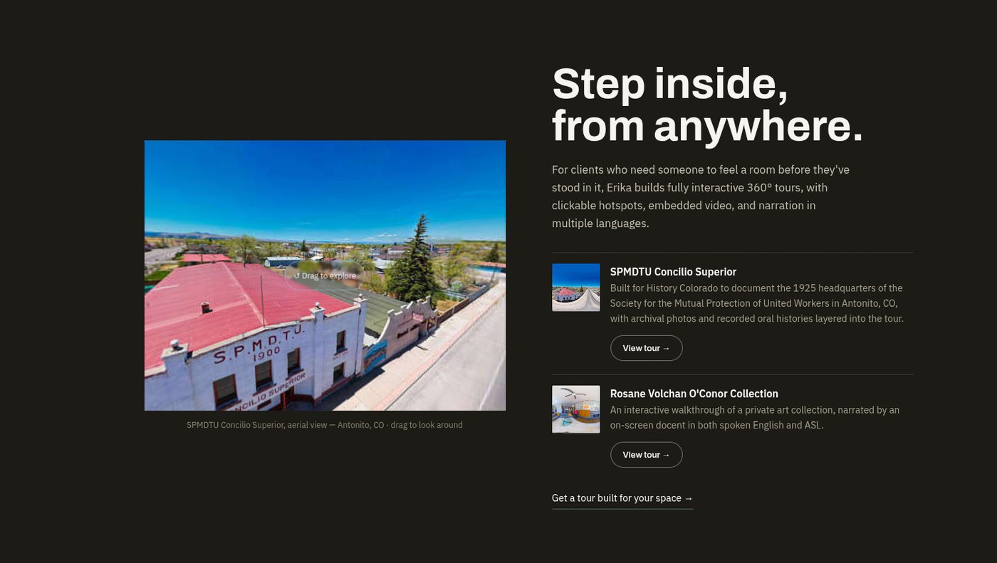 The interactive 360° virtual tour viewer, embedded directly on the site
